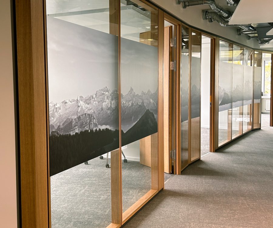 Sichtschutzfolie mit Bergpanorama-Motiv auf Glastrennwänden in einem modernen Büro