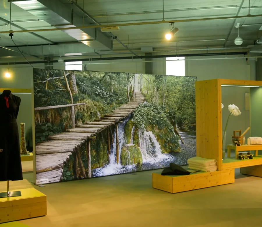 Grossformatiger Digitaldruck mit Naturmotiv auf gespannter Textilwand im Showroom